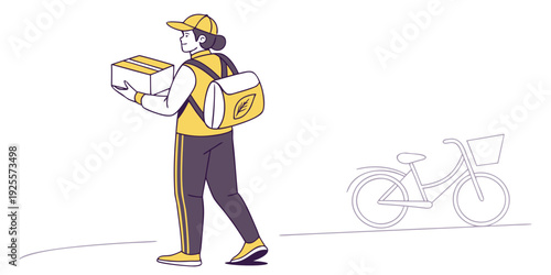 Delivery person riding bicycle with parcels in a sunny urban setting