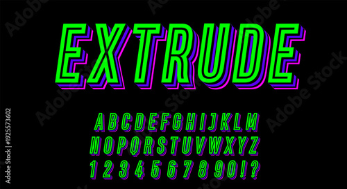 Extrude Neon 3D Font - Green Alphabet with Purple Layered Shadow on Black