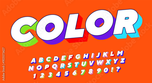 Color Retro 3D Font - White Alphabet with Multicolor Extruded Shadow on Orange