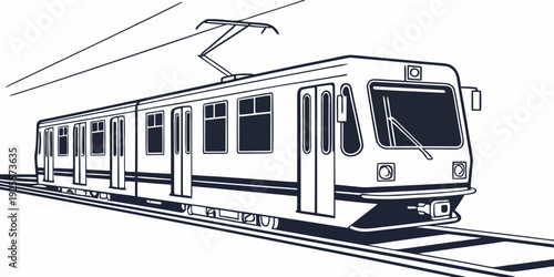 Modern electric tram traveling through an urban area on dedicated tracks