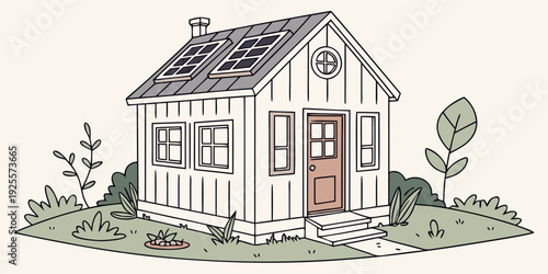 A charming small house with solar panels and a welcoming front door
