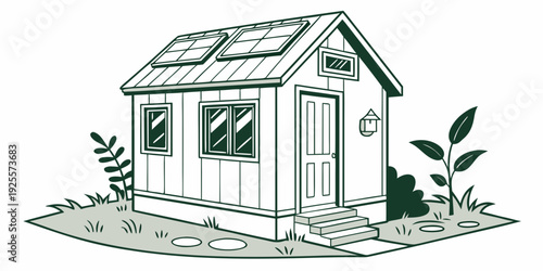 A cozy small house with solar panels and a green garden in front.