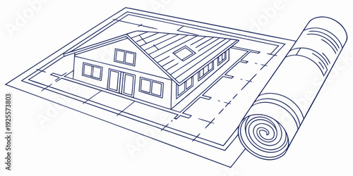 Architectural blueprint of a modern residential house plan on a roll of paper.
