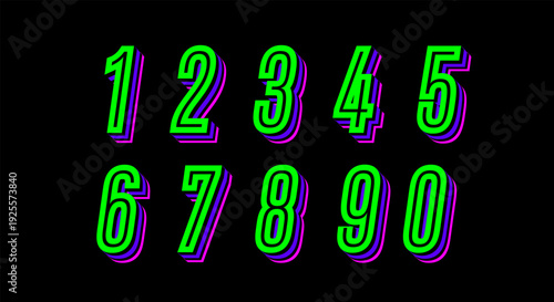 Layered Numbers - Lime Green Digits with Purple Cyan Shadow on Black