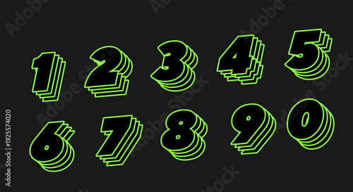 Neon Green Layered Numbers - Retro 3D Digits with Striped Shadow on Black