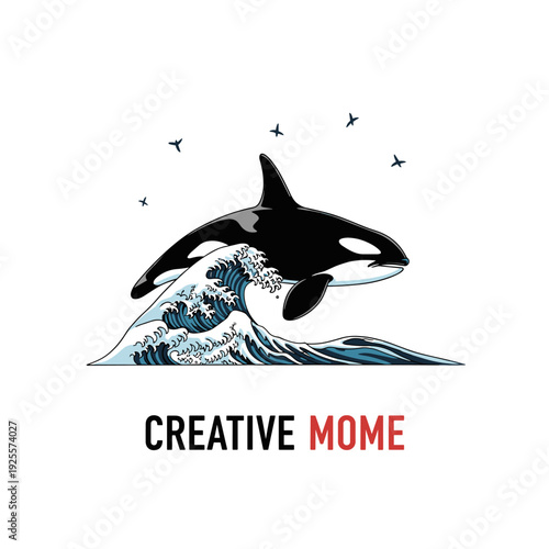 Black and white orca killer whale jumping over blue ocean wave with stylized birds