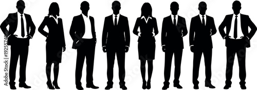 Vector silhouette illustration of a diverse corporate business team standing together in professional attire for office and financial design concepts.