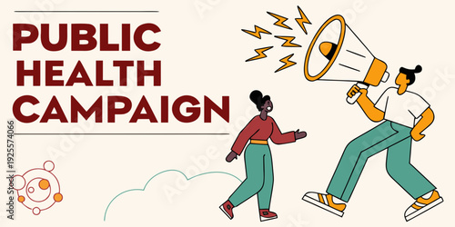 Illustrative depiction of a public health awareness campaign with megaphones and diverse people