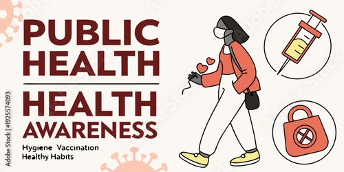 Woman promoting public health awareness with vaccination and hygiene items