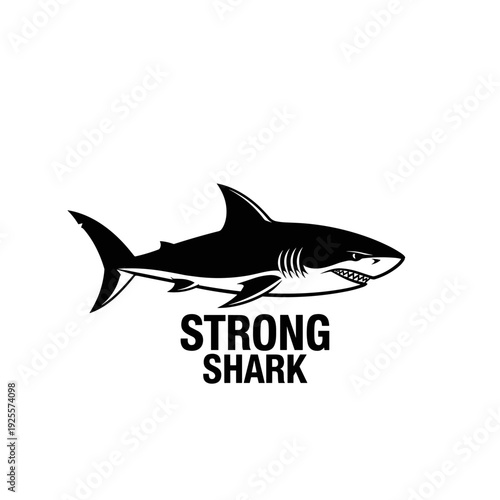 Black and white shark illustration with the bold word STRONG beneath it