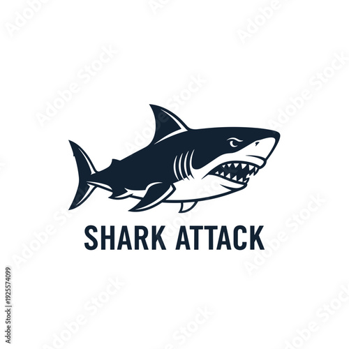 Black and white shark illustration with open jaws and sharp teeth featuring the text Shark Attack