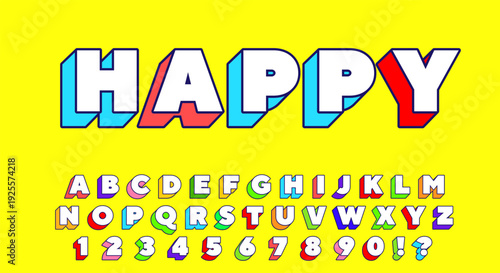 Happy Colorful 3D Font - White Alphabet with Multicolor Extruded Letters on Yellow
