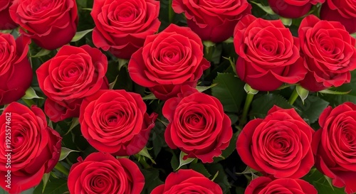 A close-up view of a vibrant bouquet of red roses in full bloom