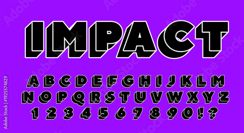 Impact Bold 3D Font - Black Alphabet with White Outline on Purple Background