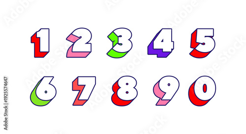 Colorful 3D Numbers - White Digits with Multicolor Shadow Outline Set