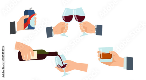 Collection of cartoon hands holding various beverages soda can toasting wine glasses pouring red wine and a whiskey tumbler.