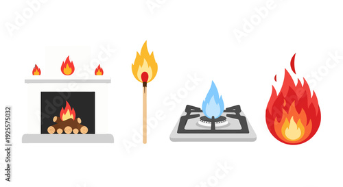 Collection of diverse fire illustrations fireplace lit match gas stove flame and stylized burning fire icon.