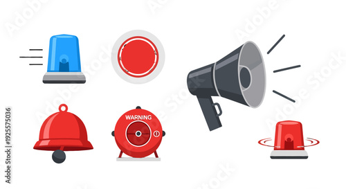 Collection of various alarm and warning icons including sirens bells buttons and a megaphone in a flat vector style.
