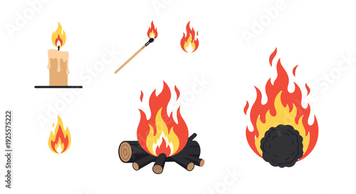 Diverse Flat Design Fire Icons Set Burning Candle Lit Match Small Flames and Campfires.