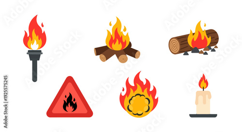 Diverse flat vector fire icons set burning torch campfire log warning sign stylized flame and candle.