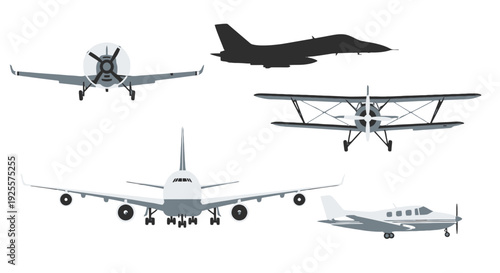Diverse collection of aircraft illustrations featuring propeller planes biplane jet fighter commercial airliner and private plane.