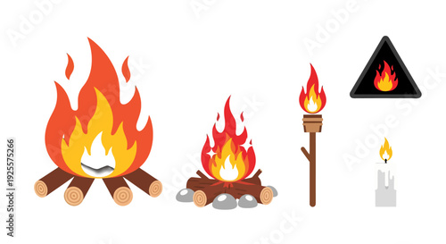 Diverse Flat Design Fire Illustrations Campfires Torch Candle and Warning Sign.