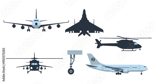 Diverse vector aircraft illustrations passenger planes fighter jet helicopters and landing gear components.