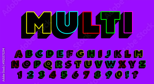 Multi Neon Outline 3D Font - Black Alphabet with Colorful Glow on Purple