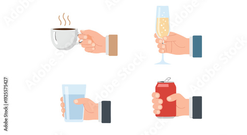 Four diverse hands holding various beverages steaming coffee bubbly champagne clear water and a red soda can.