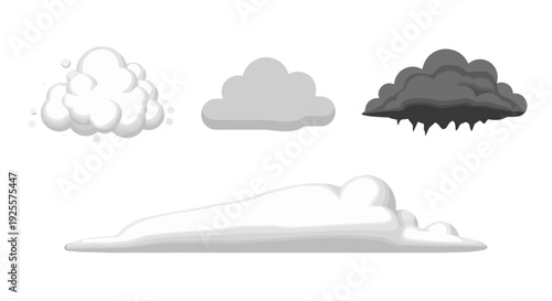 Four distinct cartoon clouds fluffy white simple gray dark stormy and long flat light gray.