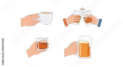 Illustrated hands holding various beverages coffee mug clinking glasses whiskey and foamy beer mug.