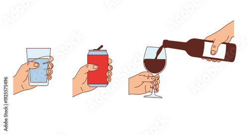 Illustrated hands holding water glass red soda can and pouring red wine into a stemmed glass.