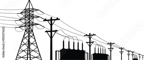 High Voltage Power Lines and Transformers Silhouette on White Background vector illustration