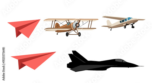 Stylized aircraft collection red paper planes vintage biplane light aircraft and sleek fighter jet illustrations.