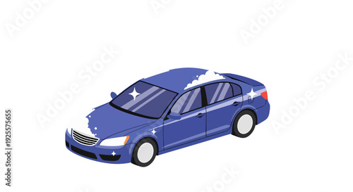 Shiny blue sedan car vector illustration with suds and sparkling clean details.