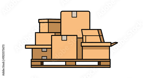 Stacked cardboard boxes on a wooden pallet featuring various sizes some taped one open in a flat cartoon style.