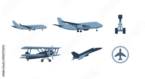 Stylized blue aircraft collection passenger jets biplane fighter and landing gear component.