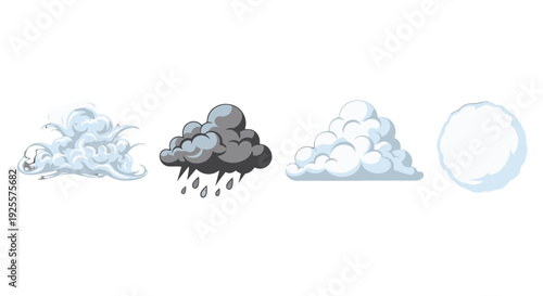 Stylized cartoon weather icons dynamic wind dark rain fluffy white clouds and a round snowball.