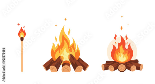 Stylized Campfires and Lit Matchstick Vector Set with Warm Flames and Sparkling Embers.