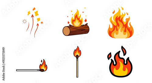 Vibrant cartoon fire icons set campfire burning matchsticks flames and sparks illustration.