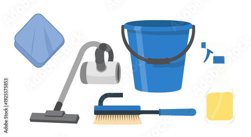 Vibrant collection of essential cleaning supplies including a vacuum bucket spray bottle brush and cloth.