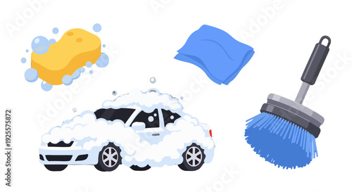 Vibrant flat vector car wash elements foamy white car yellow sponge with bubbles blue towel and brush.