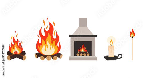 Vibrant Flat Design Illustrations of Fire Sources Campfires Fireplace Candle and Lit Matchstick Elements.