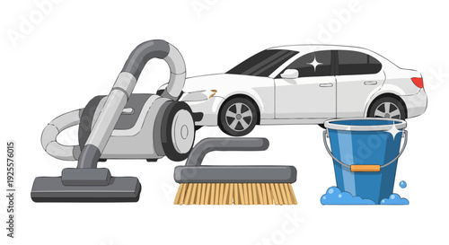 Clean White Sedan Car with Cleaning Supplies Vacuum Cleaner Scrub Brush and Soapy Blue Bucket Illustration.