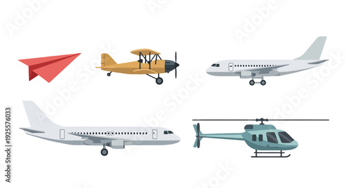 Collection of diverse aircraft illustrations red paper plane yellow biplane white jetliners and a blue helicopter.