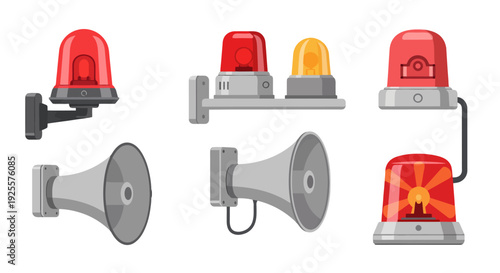 Collection of various red and yellow alarm lights and grey loudspeakers in a flat vector style.