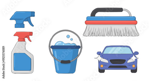 Colorful car wash cleaning equipment spray bottles bucket brush and a sparkling blue car.