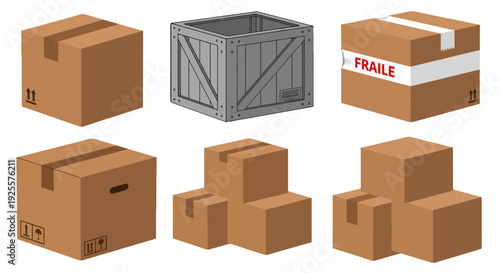 Diverse illustrated shipping containers brown cardboard boxes taped packages a FRAILE labeled carton and a grey wooden crate.