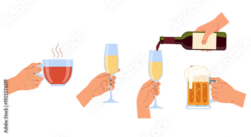 Diverse hands holding various beverages steaming tea bubbly champagne pouring wine and frothy beer.