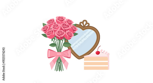 Elegant Pink Rose Bouquet Ornate Heart Mirror and Vanilla Cake Slice with Cherry Topping.